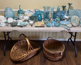 Turquoise blue birds, plates, peacocks, vases, decor