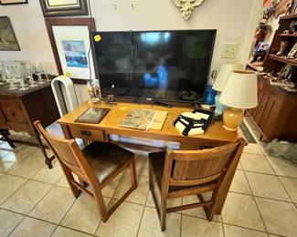 MISSION OAK DESK & PAIR OF MISSION CHAIRS