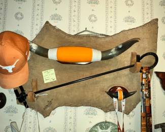 LEATHER WALL ART PIECE w/ HORNS & BRANDING IRON