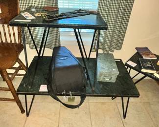 MCM SET OF 3 IRON HAIRPIN LEG TABLES w/ GREEN MARBLE TOPS
