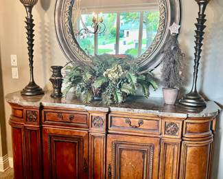 Hickory & White Marble Top Buffet ~ Mirror ~ Lamps