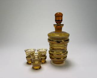 Vintage Amber Glass Decanter & Shotglasses