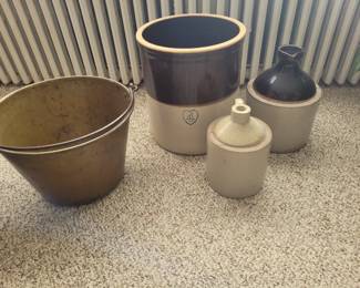 Brass pail, crock, jugs