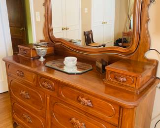 Lillian Russell brand hand carved double dresser and mirror
