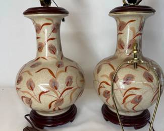 68 NIBCeramicRosewoodLampDualLightLampPair