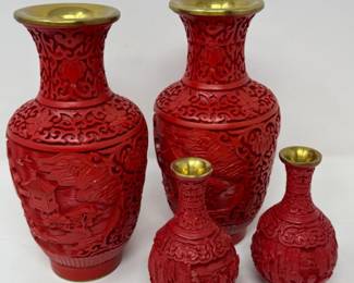 70 4ChineseCinnabarCarvedLacquerVases