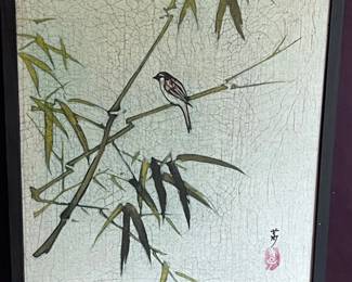 164 VintagePaintingonCanvasofBirdonBamboowithCrackledFinish