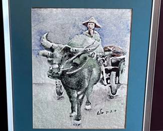 161 FramedMetalArtofWaterBuffaloWithCartSigned