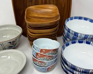 131 24PcSquareWoodBowlSetPorcelainChinaBowls