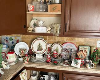 Radko Christmas plates, Princess House glasses, cookie jar
