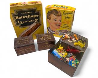 Butterfinger and Payday Advertising Boxes, vintage cake tins and cake toppers