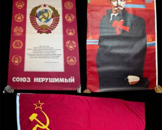 Original Rare Propaganda Posters: State Emblem of Soviet Union, Lenin & 5’ Soviet Union Flag