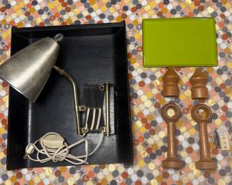  MCM Florence Knoll black office tray, Alexander Henry fabric, teak curtain rod holder, & sizzor lamp.