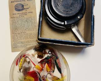 Vintage Utica Automatic Fly Fishing Reel & Flies