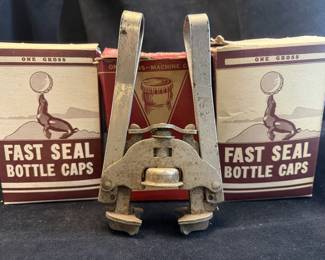 Vintage bottle capper and unused vintage bottle caps