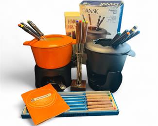 Le Creuset Enameled Cast Iron Fondue Pot & Dansk Cast Iron Fondue Set