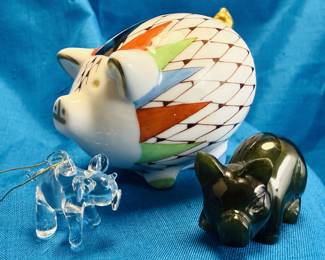 Hollohaza Porcelain Fishnet Pig, Nephrite Jade Carved Pig & Crystal Pig