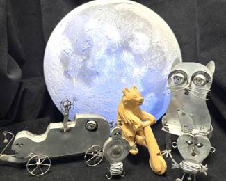 Moon Nightlight, Hand Crafted Tin Creatures & Russian Carved Bear