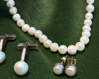 Opera Length Pearl Necklace, Earrings, & Cuff Links