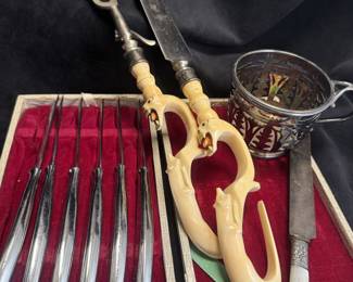 Vintage Inuit Carved Carving Set, Antique Fraget Warsaw Silver-plate Tea Cup & Japan Steak Knife Set