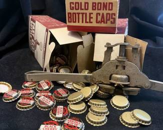 Vintage bottle capper and unused vintage gold tone & black cherry  bottle caps