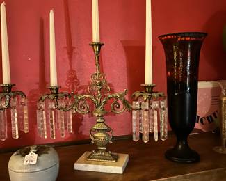 A closer view of one of the beautiful brass/prism lamps. Note the pc on the lower left is Roystrand Co. 1950s 'apple' covered dish by Thertha Benstrom.