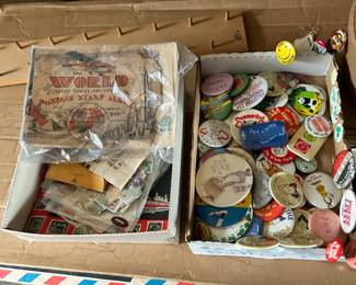 Stamp collection on the left and pin collection on the right. 