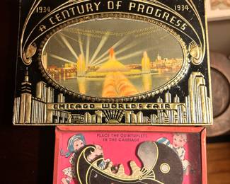 Top - A Century of Progress Chicago World’s Fair plaque.
Bottom - a challenge puzzle asking you to get the Dion quintuplets bealls in the baby carriage.