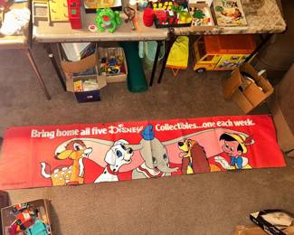 1985 Hardee's Restaurant heavy material banner promoting Disney collectables. This very tough to find banner is 82" long by 17' wide. Take a close look at this very clean Disney collectible!
