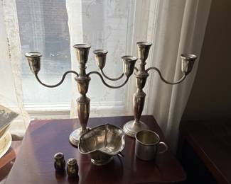 Silver Candle Sticks, Small Bowl and Cup & Mini Salt and Pepper Shakers