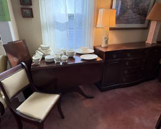 Antique Dining Table with 2 Leaves, 4 Padded Chairs and Matching Buffet