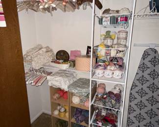 Yarn, crochet and knitting needles, vintage sewing box, storage cubbies