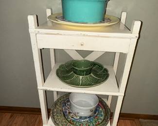 Vintage white shelf, Bordallo Pinheiro Cabbage Leaf Chip & Dip, tin serving platters, casserole 