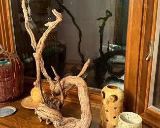 Driftwood sculpture, pottery