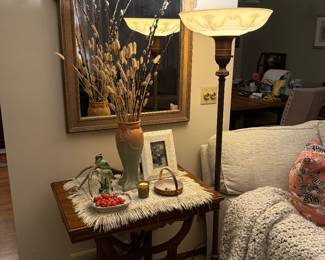 Eastlake parlor table, antique floor lamp, beautiful floral carved mirror, McCoy pottery 