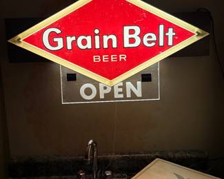 Grain Belt Beer Open Sign, Anheuser wooden box 