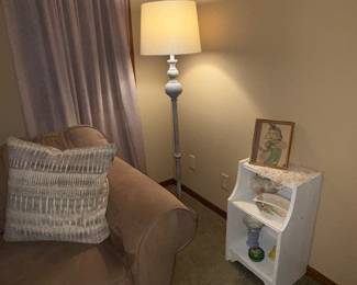 Floor lamp, vintage nightstand, planters 
*framed artwork in this photo not available 