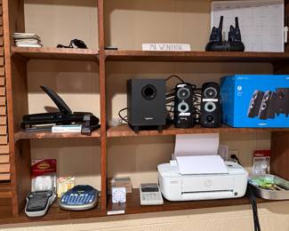 Office supplies, printers, dymo label makers, Logitech, computer speakers with woofer, to a radio