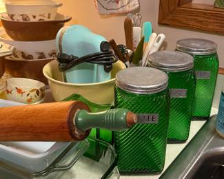 Pyrex, depression glass canisters, antique rolling pins