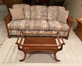 La-Z-Boy craftsman/mission  style sofa, two tier glass top cocktail table