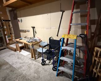 Transport wheelchair, shower chair, ladders, shovels