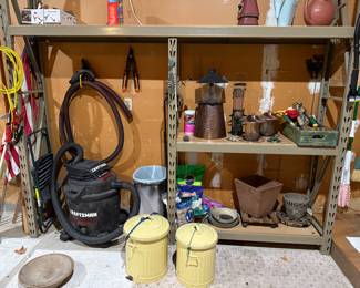 Craftsman wet dry vac, gardening tools, pots, bird feeders