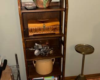 Oak shelf, bean pot, cookie cutters, carved wooden box, stainless shelf, large round butcher block