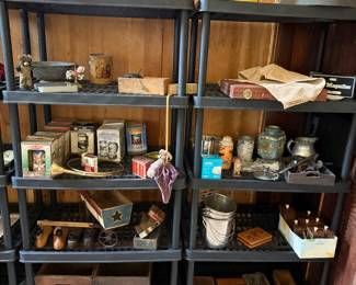 Vintage, bottles, wood boxes, holiday items