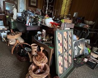 Hand-crafted artwork, wood layered pyramid dishes, Ouija board, vintage games, racks, lighting, records, china
