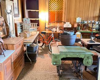 Tables, sewing machine table, buckets, wood boxes, coat tree