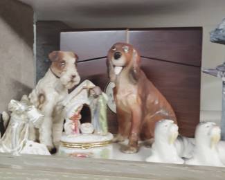 Silver dog S&P shakers, dog figurines, bird house, seal S&P, Nativity Box