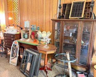 Tables, printer trays, lighting, tables, glass front cabinet