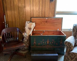 Gorgeous cedar chest, wood office chair, rug