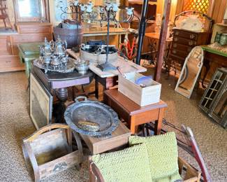 Silver tray wood bins, pillows, mirrors